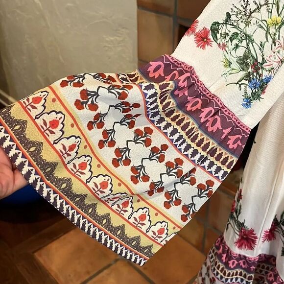 Umgee Border Bell Sleeve Dress - Natural, S! - Picture 5 of 9